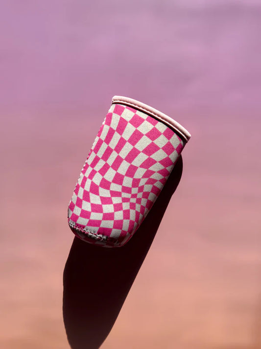 Pink Checkered Slim Can Koozie
